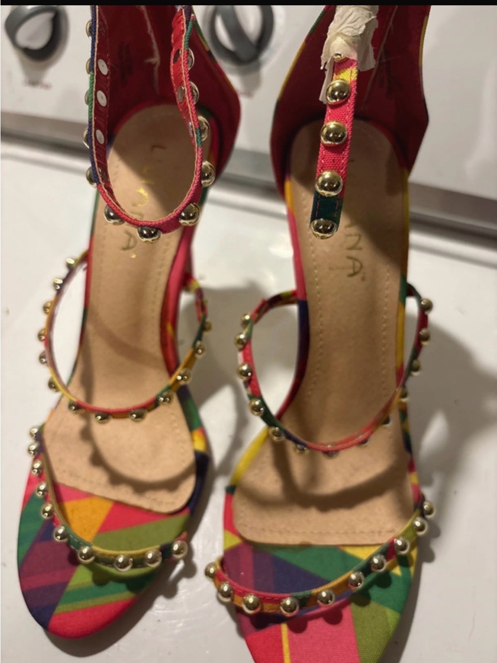 Liliana Multicolor Geometric Studded Ankle-Strap Heels